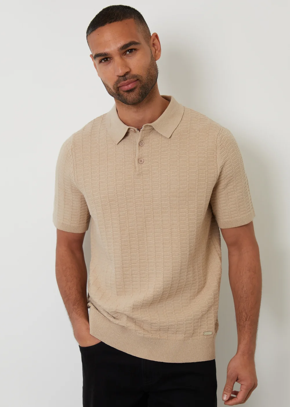 Threadbare Beige Cotton Mix Short Sleeve Textured Knitted Polo Shirt - S Image 1