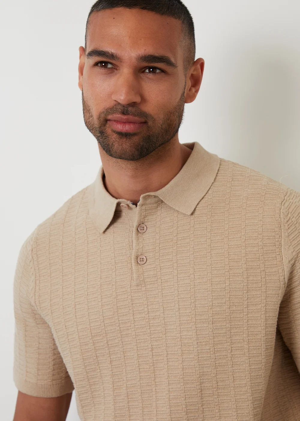 Threadbare Beige Cotton Mix Short Sleeve Textured Knitted Polo Shirt - S Image 3