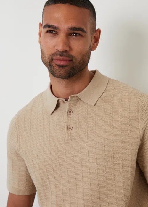Threadbare Beige Cotton Mix Short Sleeve Textured Knitted Polo Shirt - S Image 3