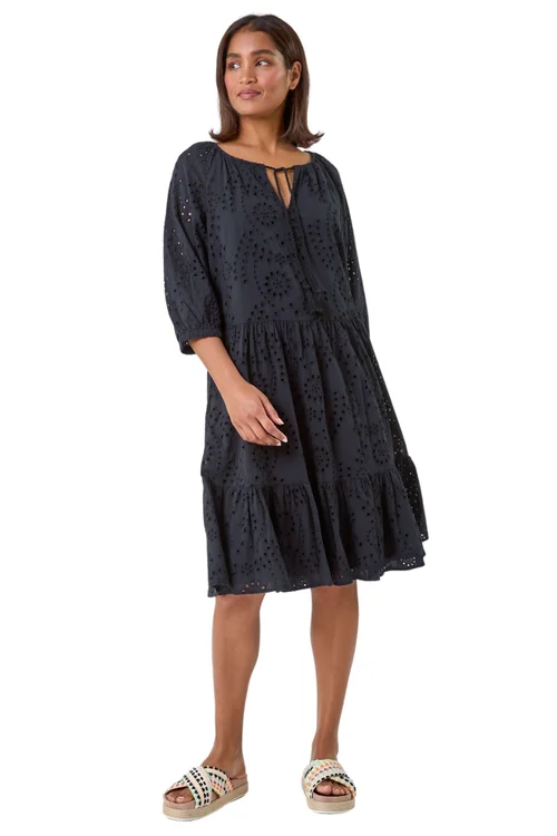 Roman Black Cotton Broderie Tiered Smock Dress - 12 Image 1