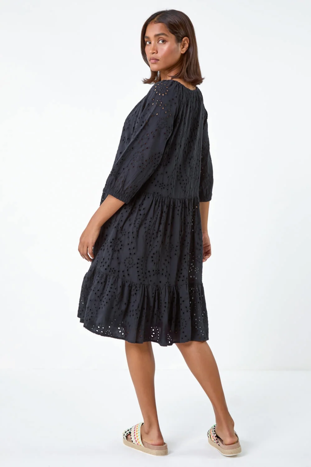 Roman Black Cotton Broderie Tiered Smock Dress - 12 Image 4