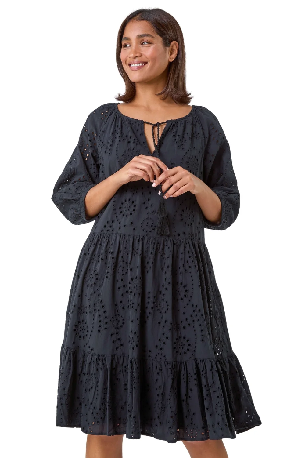 Roman Black Cotton Broderie Tiered Smock Dress - 12 Image 2