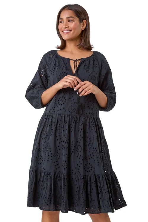 Roman Black Cotton Broderie Tiered Smock Dress - 12 Image 2