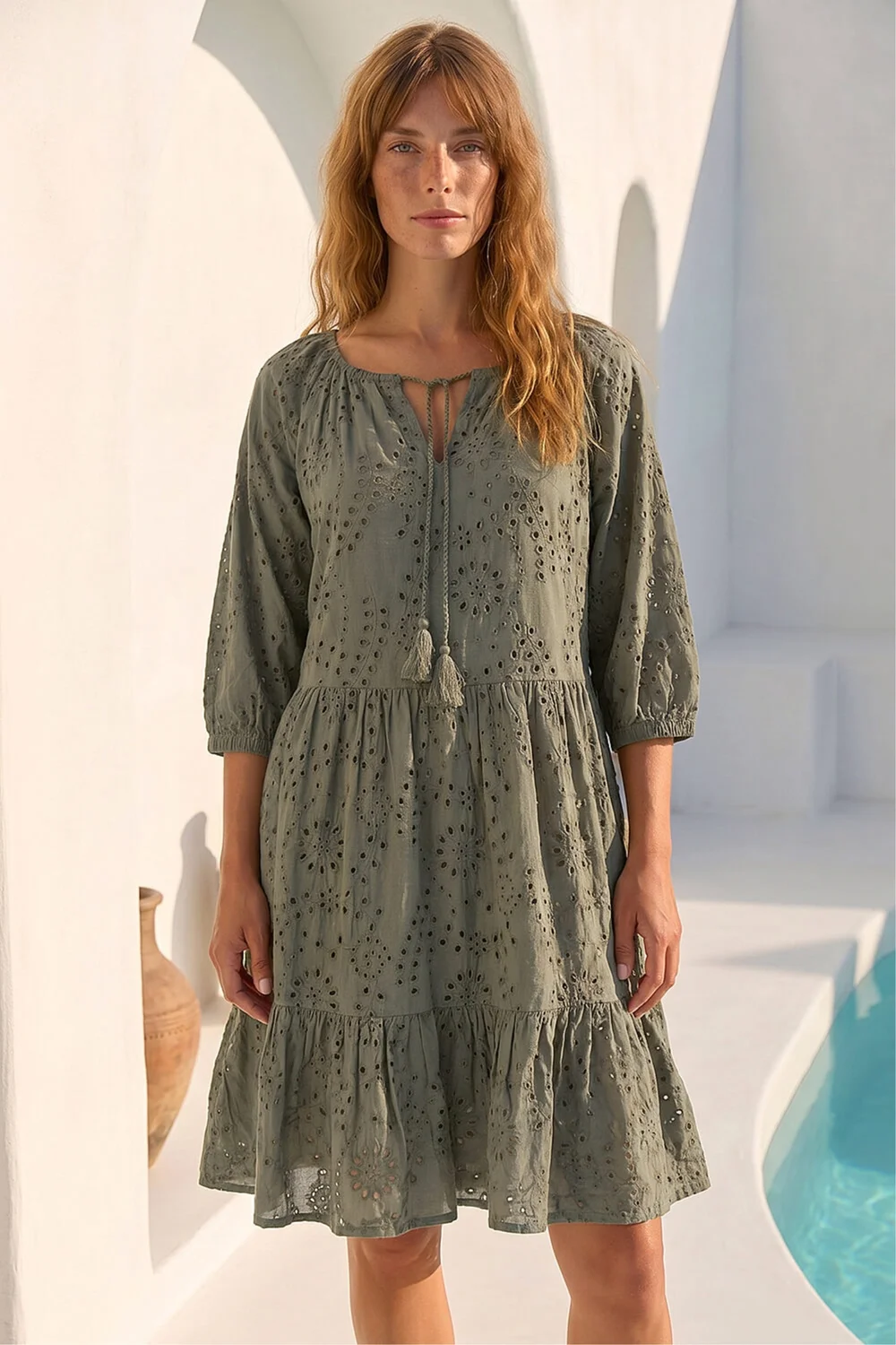 Roman Khaki Cotton Broderie Tiered Smock Dress - 18 Image 2