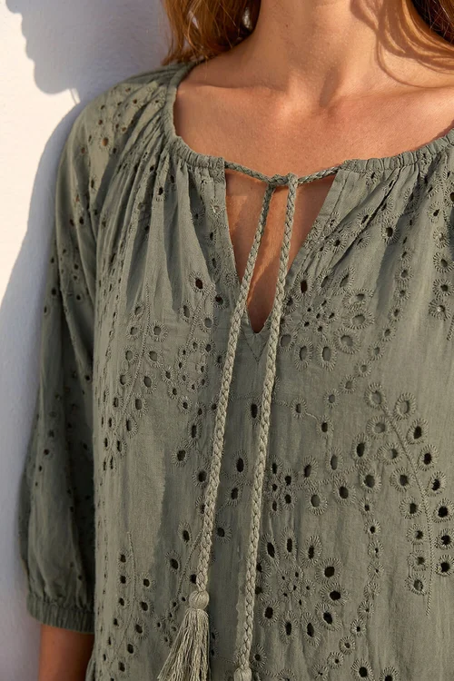 Roman Khaki Cotton Broderie Tiered Smock Dress - 18 Image 4