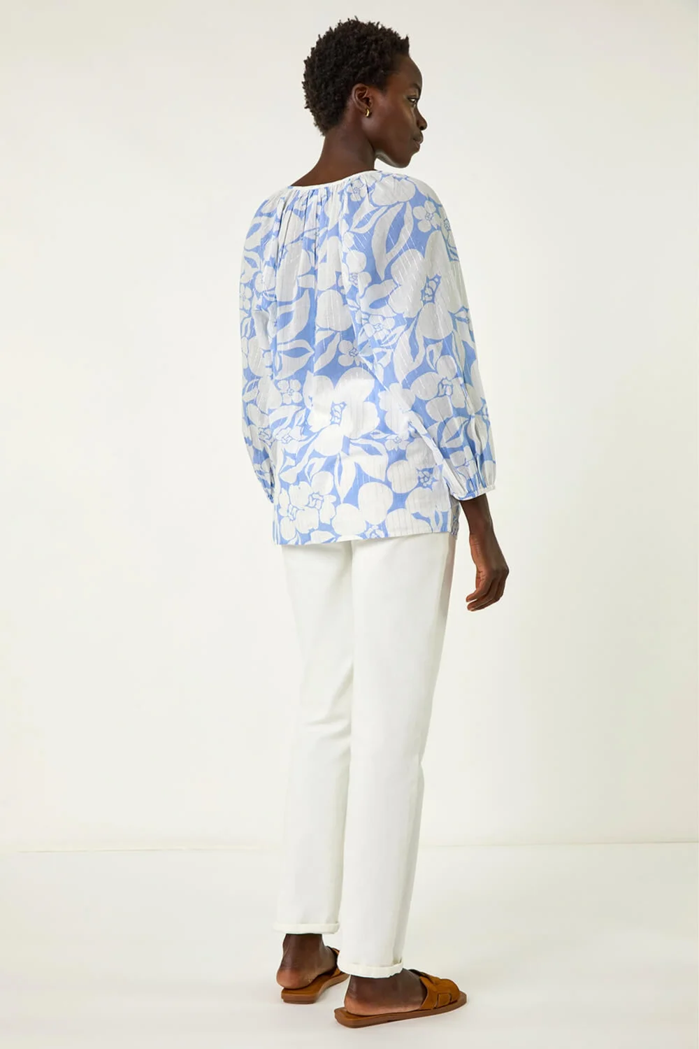 Roman Blue Floral Print Tie Neck Tunic Top - Size 16 Image 4