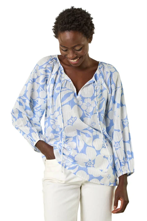 Roman Blue Floral Print Tie Neck Tunic Top - Size 16 Image 1