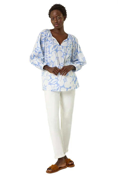Roman Blue Floral Print Tie Neck Tunic Top - Size 16 Image 2