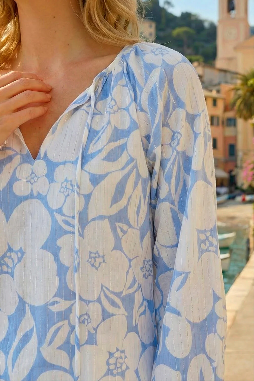Roman Blue Floral Print Tie Neck Tunic Top - 16 Image 4