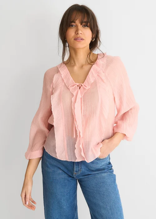 Gini London Pink Long Sleeeves Tie Detail Ruffle Blouse - 8 Image 3