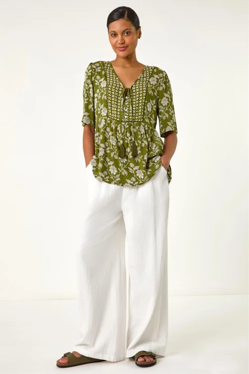Roman Olive Floral Print Tassel Tunic Top - 18 Image 2