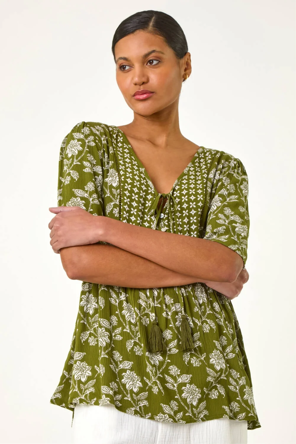Roman Olive Floral Print Tassel Tunic Top - 18 Image 4