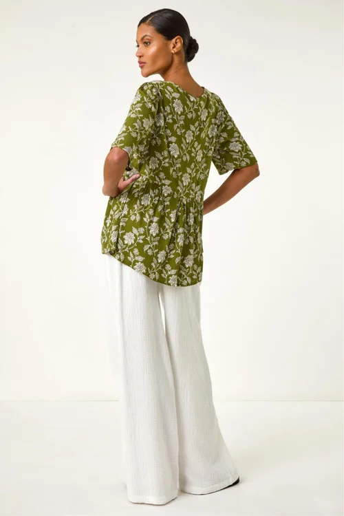 Roman Olive Floral Print Tassel Tunic Top - 18 Image 3