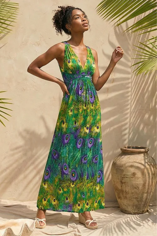 Roman Green Peacock Printed Stretch Maxi Dress - 20 Image 2
