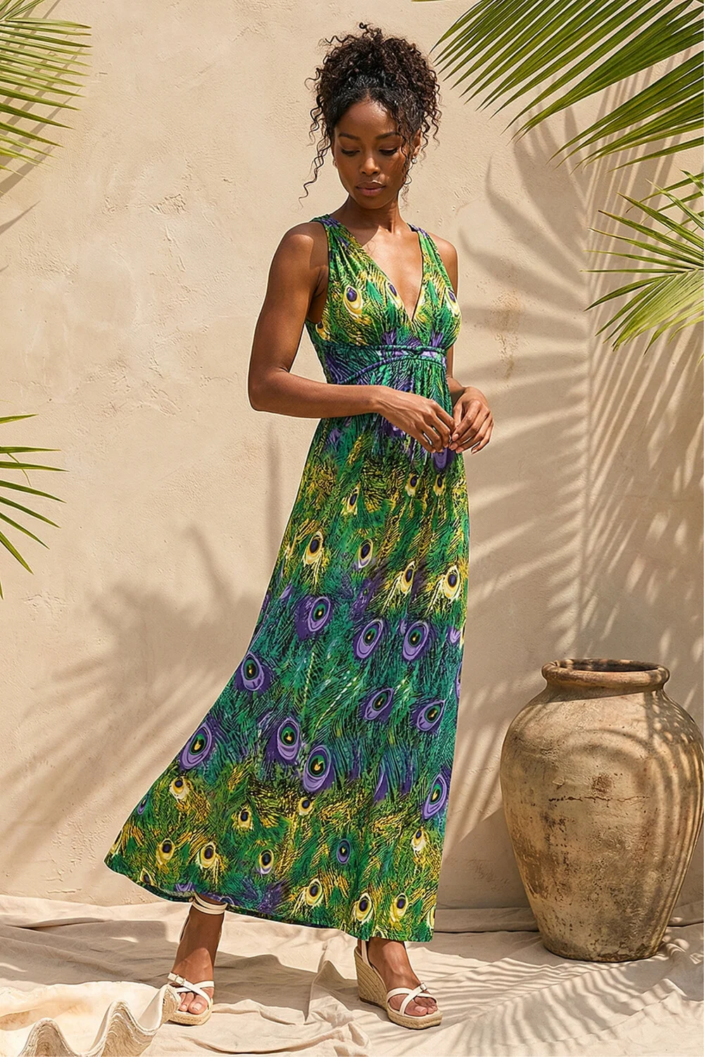 flowy floral dresses with sleeves Green Floral Ruched Backless Slip Maxi Dress