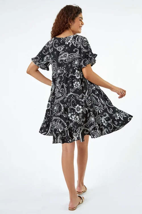 Roman Black Paisley Floral Tiered Smock Dress - 18 Image 4