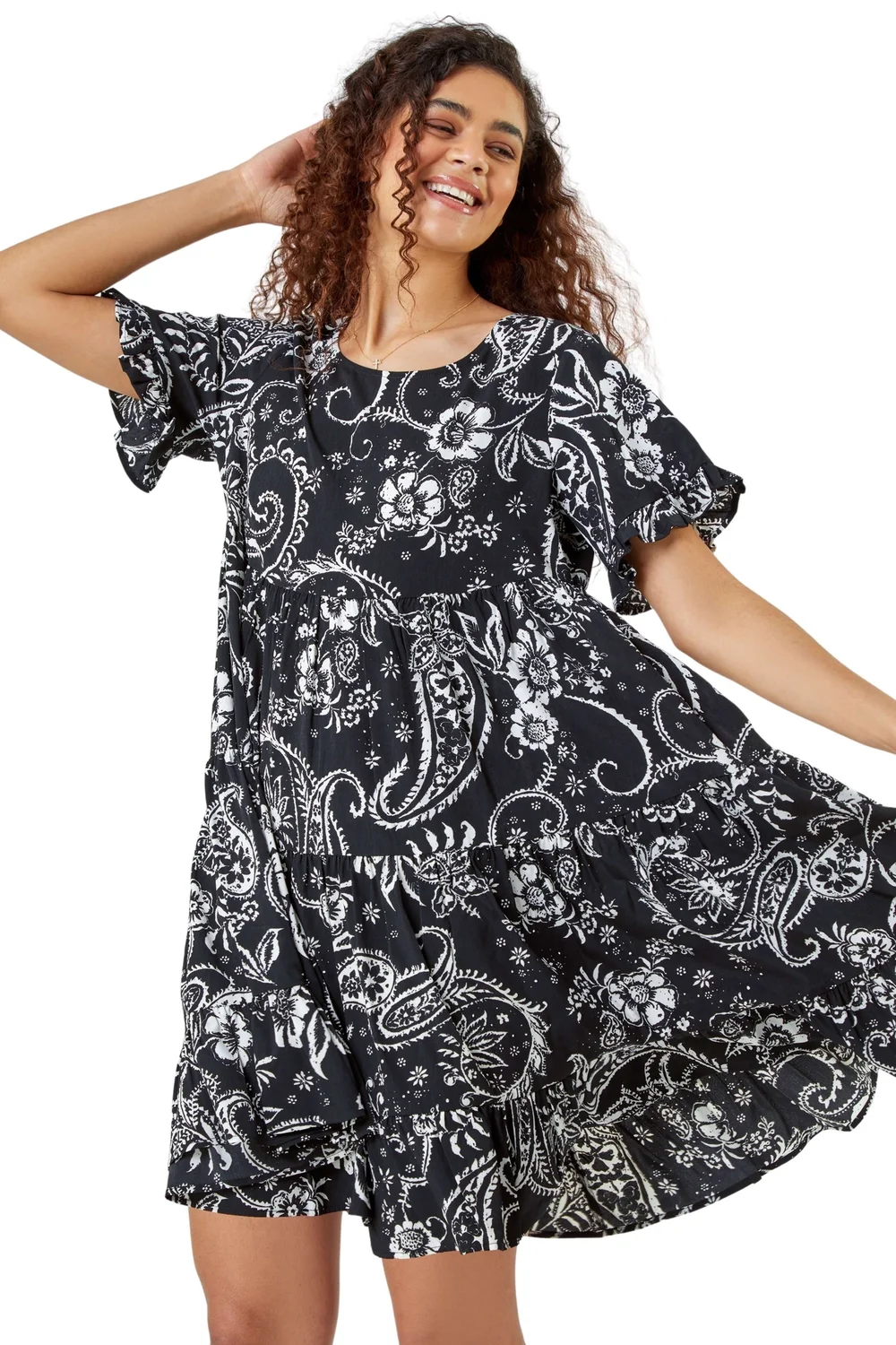 Roman Black Paisley Floral Tiered Smock Dress - 18 Image 2