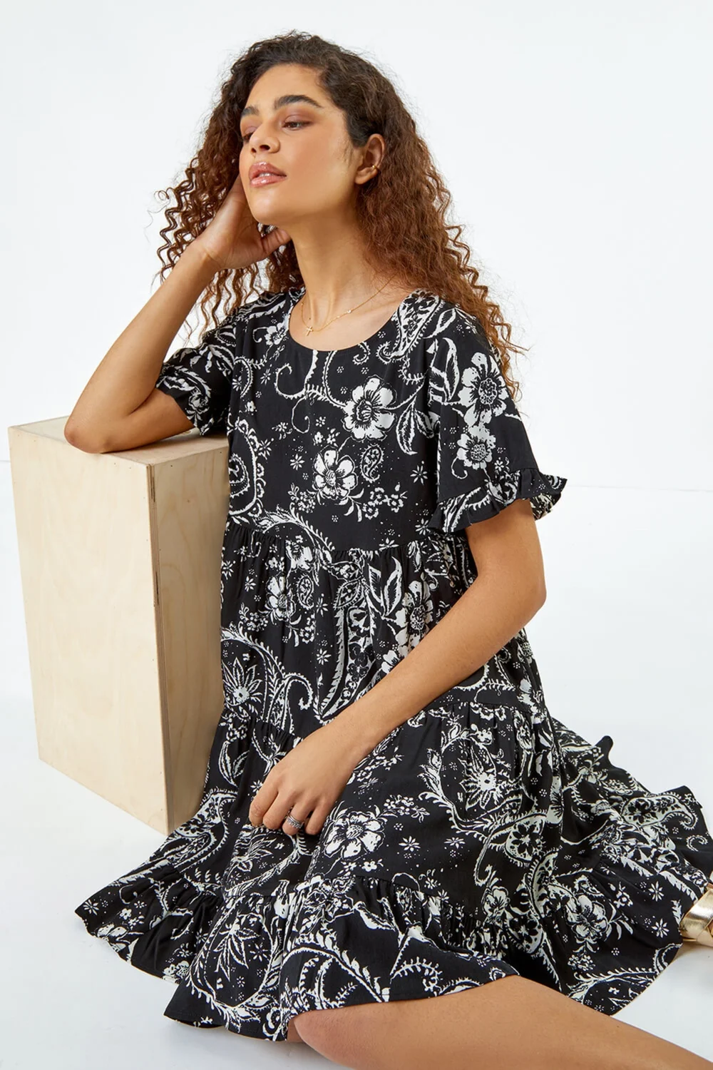 Roman Black Paisley Floral Tiered Smock Dress - 18 Image 3