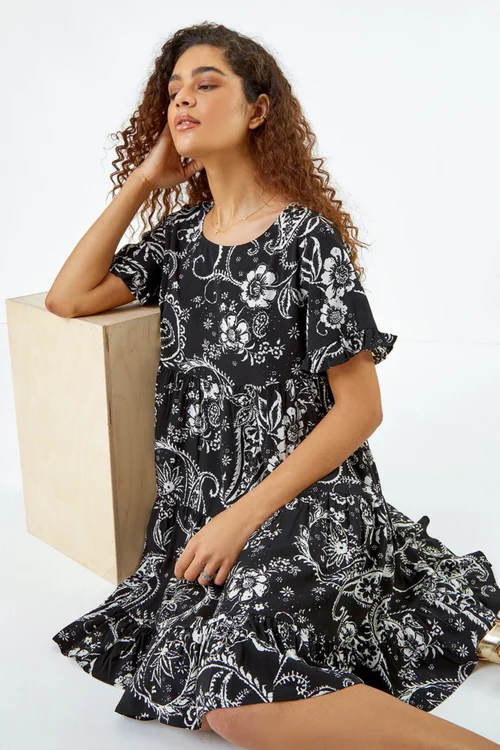Roman Black Paisley Floral Tiered Smock Dress - 18 Image 3