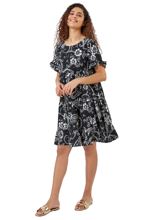 Roman Black Paisley Floral Tiered Smock Dress - 18 Image 1