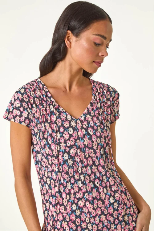 Roman Pink Petite Floral Print Crinkle V Neck Top - 14 Image 4