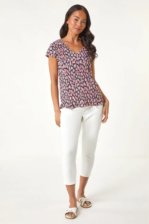 Roman Pink Petite Floral Print Crinkle V Neck Top - 14 Image 2