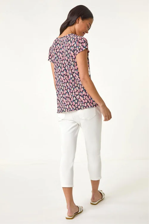 Roman Pink Petite Floral Print Crinkle V Neck Top - 14 Image 3