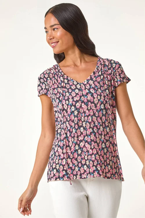 Roman Pink Petite Floral Print Crinkle V Neck Top - 14 Image 1