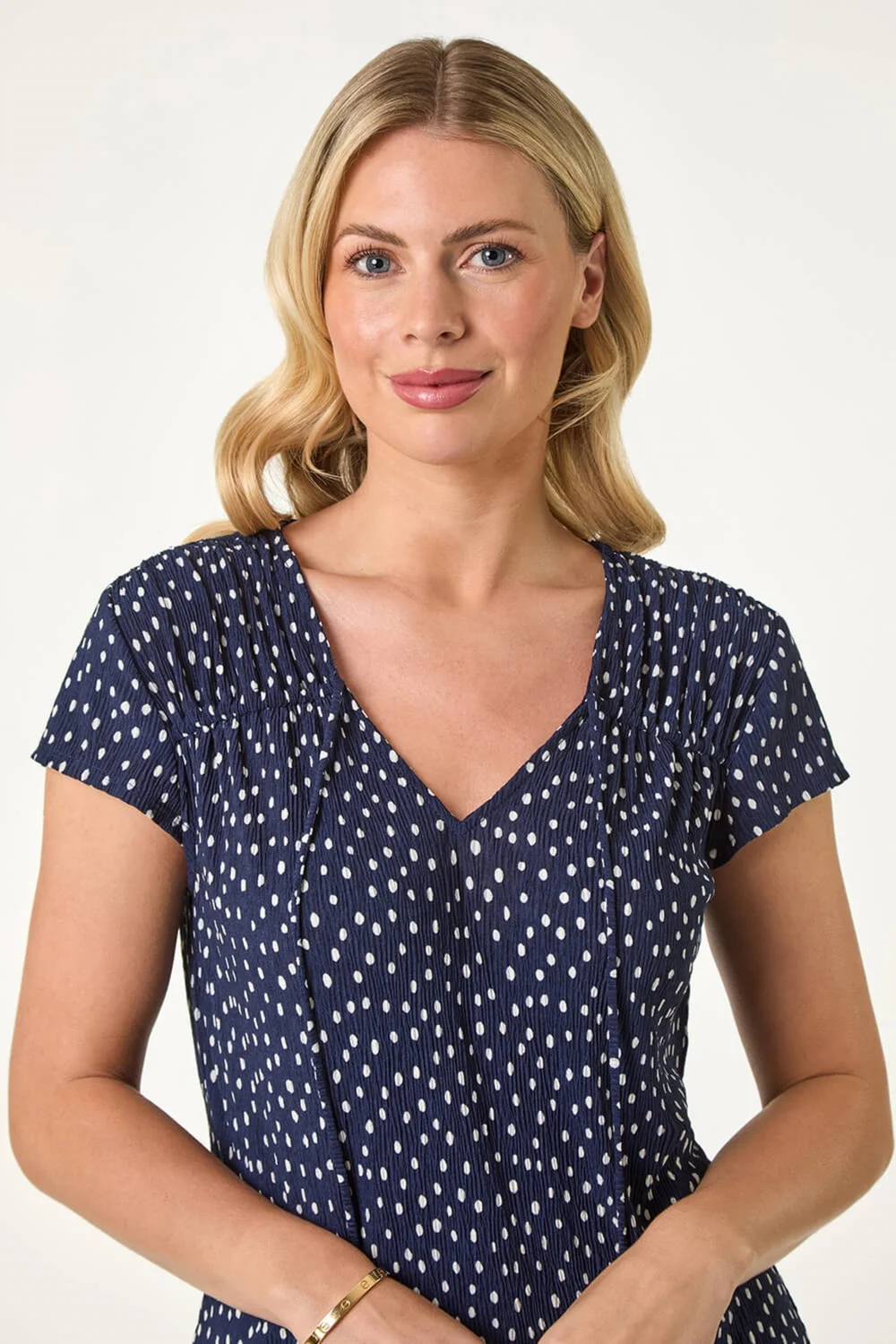 Roman Navy Petite Spot Print Crinkle V Neck Top - Size 16 Image 4
