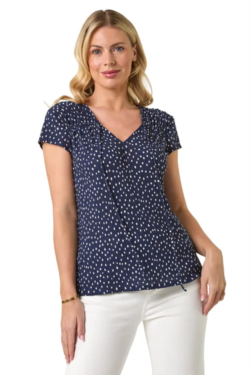 Roman Navy Petite Spot Print Crinkle V Neck Top - Size 16 Image 1