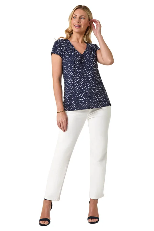Roman Navy Petite Spot Print Crinkle V Neck Top - Size 16 Image 2