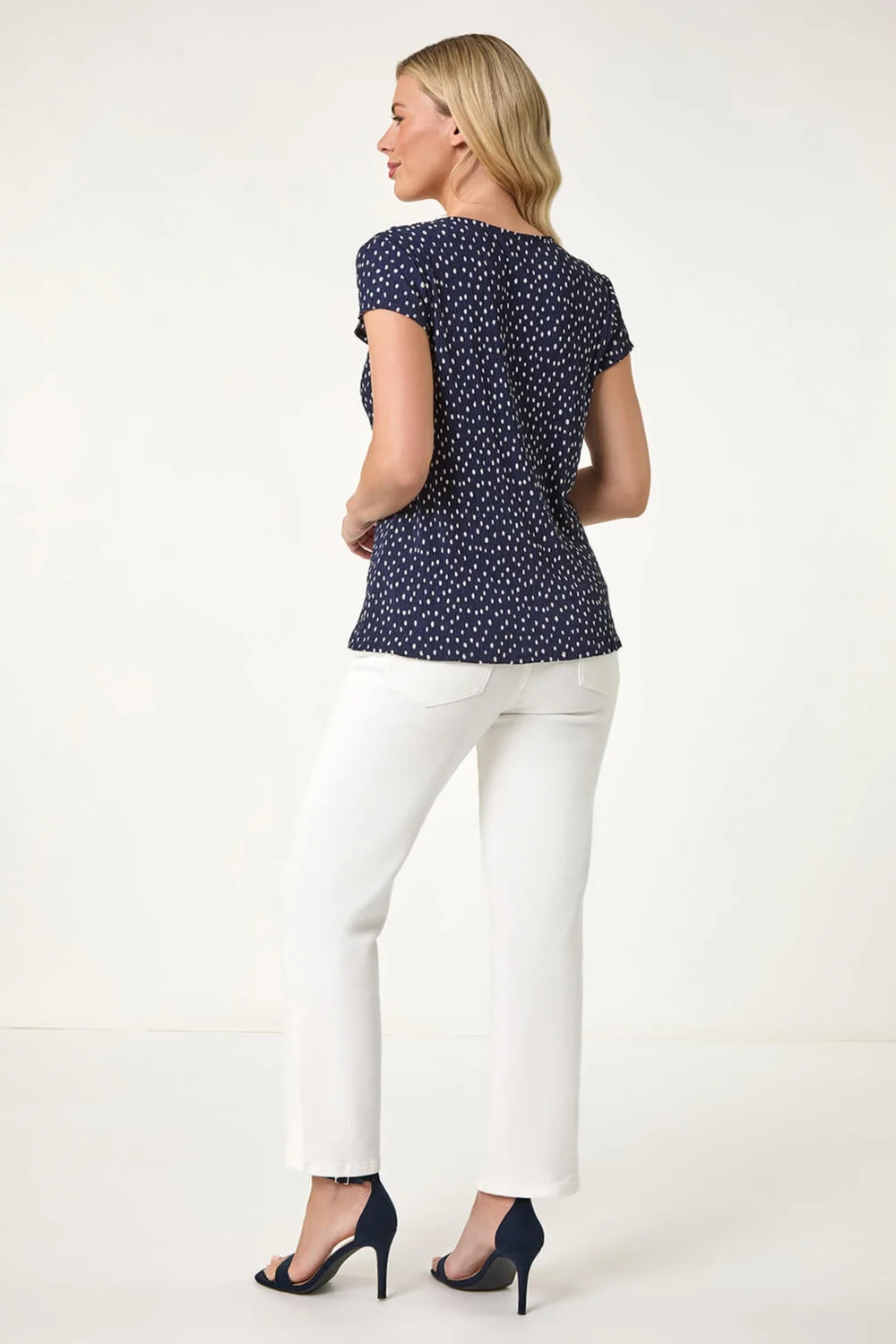 Roman Navy Petite Spot Print Crinkle V Neck Top - Size 16 Image 3