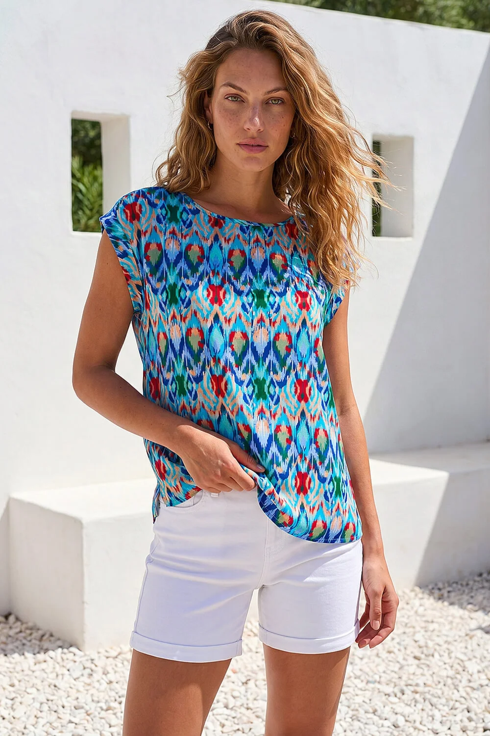 Roman Blue Abstract Print Shell Top - 20 Image 2
