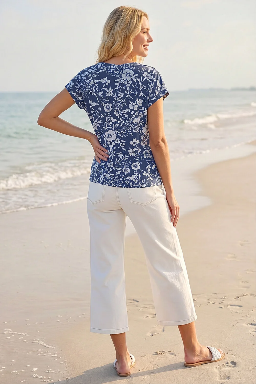 Roman Navy Floral Notch Neck T Shirt - 10 Image 3