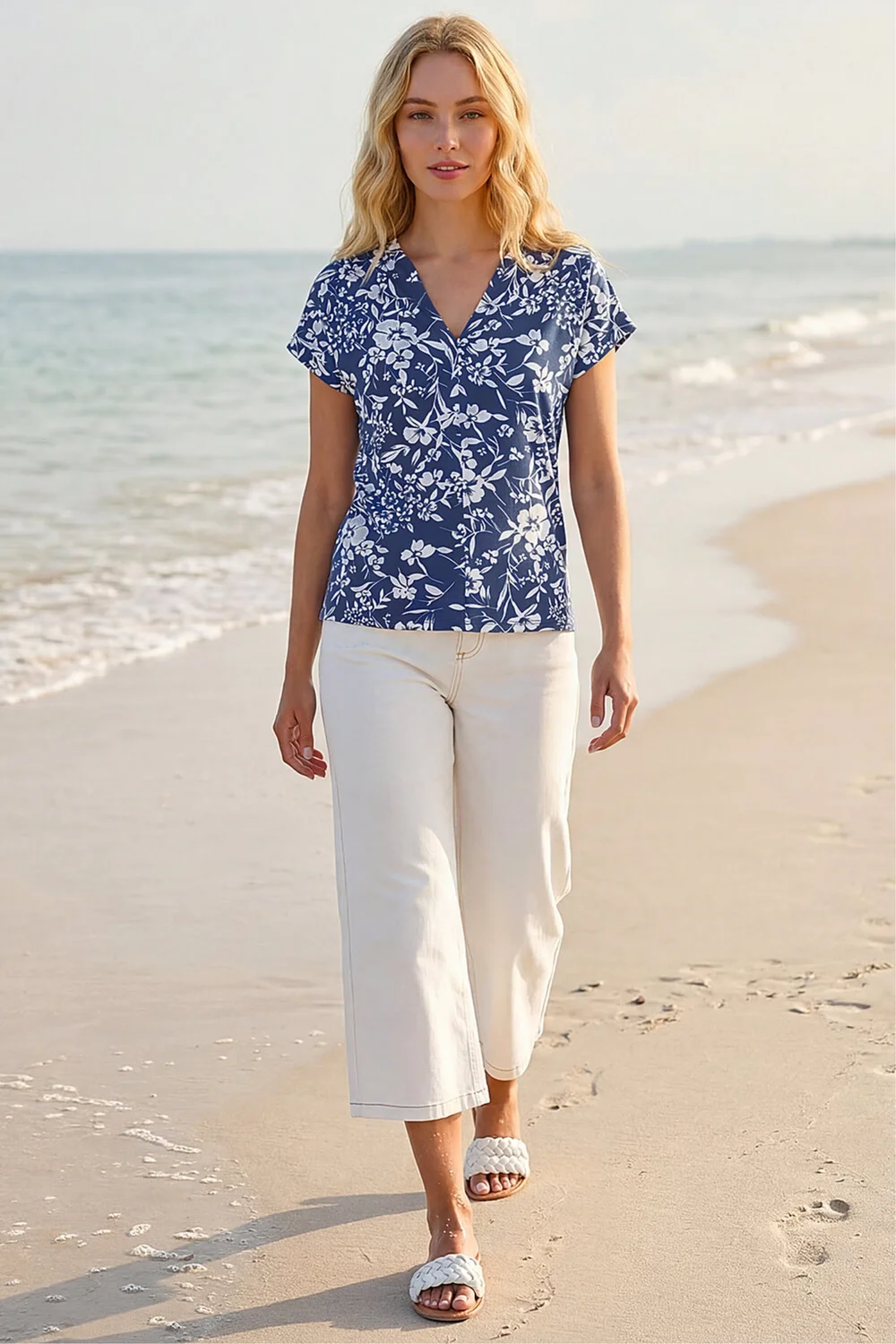 Roman Navy Floral Notch Neck T Shirt - 10 Image 2