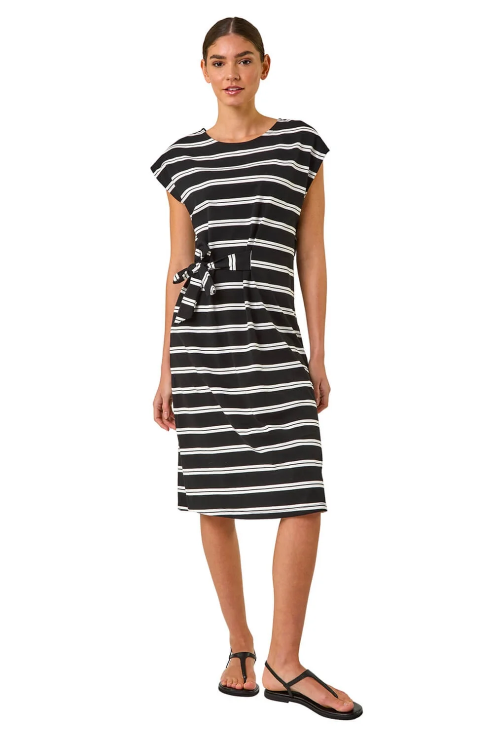 Roman Black Stripe Tie Side Stretch Midi Dress - 16 Image 2