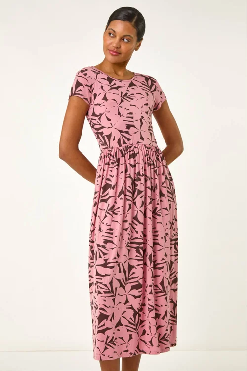 Roman Pink Floral Print Stretch Midi Dress - 14 Image 1