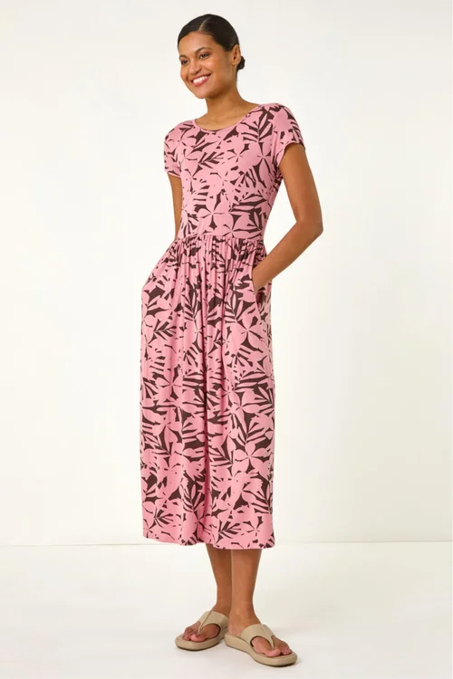Roman Pink Floral Print Stretch Midi Dress - 14 Image 2