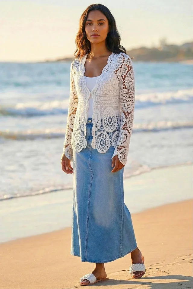 Roman Ivory Crochet Tie Front Knit Cardigan