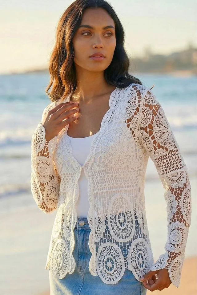 Roman Ivory Crochet Tie Front Knit Cardigan