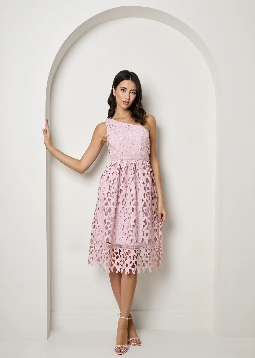 Chi Chi London Blush One Shoulder Premium Lace Midi Dress - 6 | Matalan Chi Chi London Blush One Shoulder Premium Lace Midi Dress - 6 | Matalan