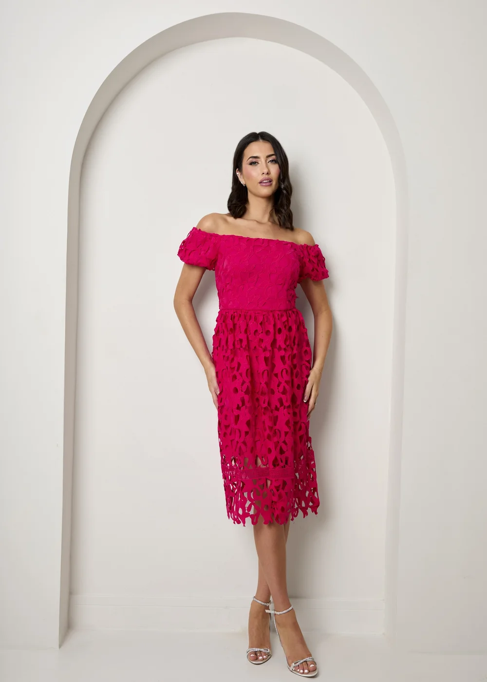 Chi Chi London Pink Bardot Premium Lace Fit & Flare Midi Dress - 12 | Matalan Chi Chi London Pink Bardot Premium Lace Fit & Flare Midi Dress - 12 | Matalan