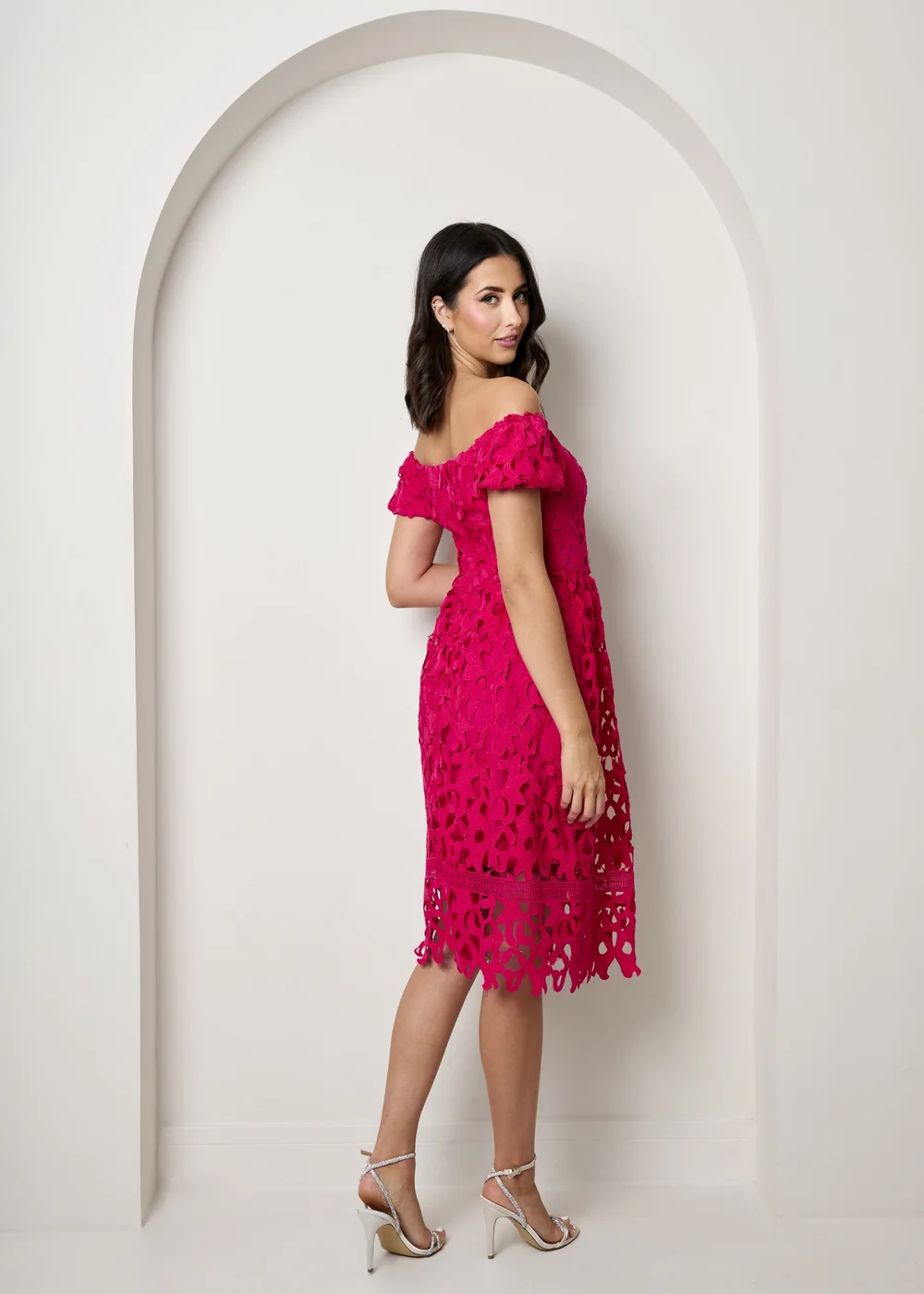 Chi Chi London Pink Bardot Premium Lace Fit & Flare Midi Dress - 12 | Matalan Chi Chi London Pink Bardot Premium Lace Fit & Flare Midi Dress - 12 | Matalan