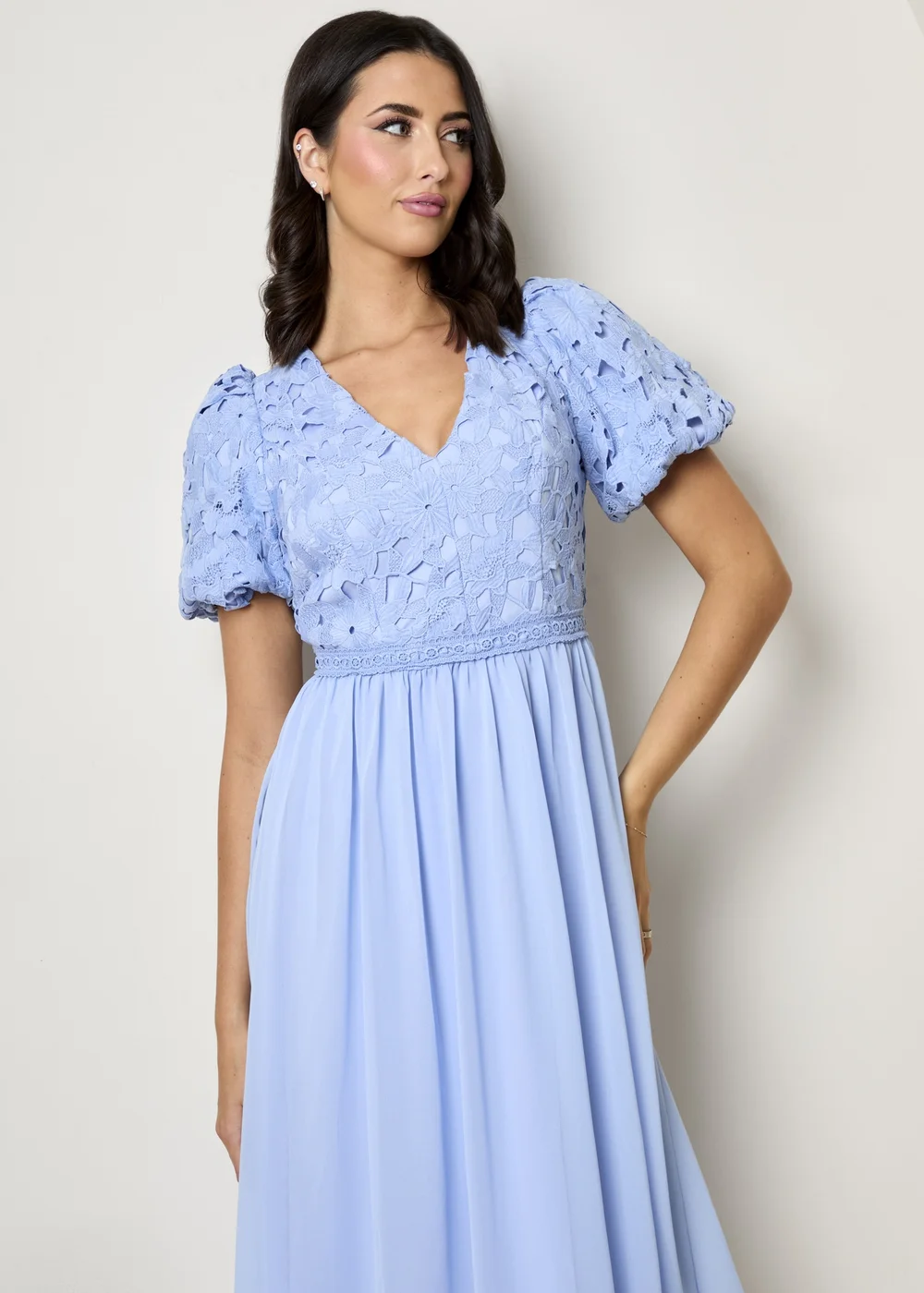 Chi Chi London Blue Puff Sleeve Premium Lace Midi Dress - 6 | Matalan Chi Chi London Blue Puff Sleeve Premium Lace Midi Dress - 6 | Matalan