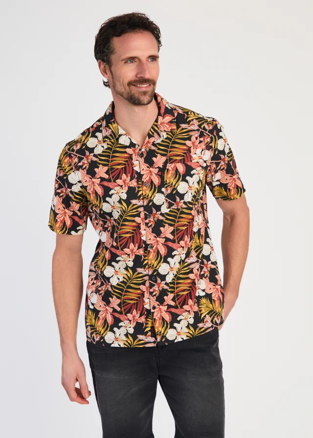 Tokyo Laundry Black Cotton Printed Poplin Short Sleeve Shirt