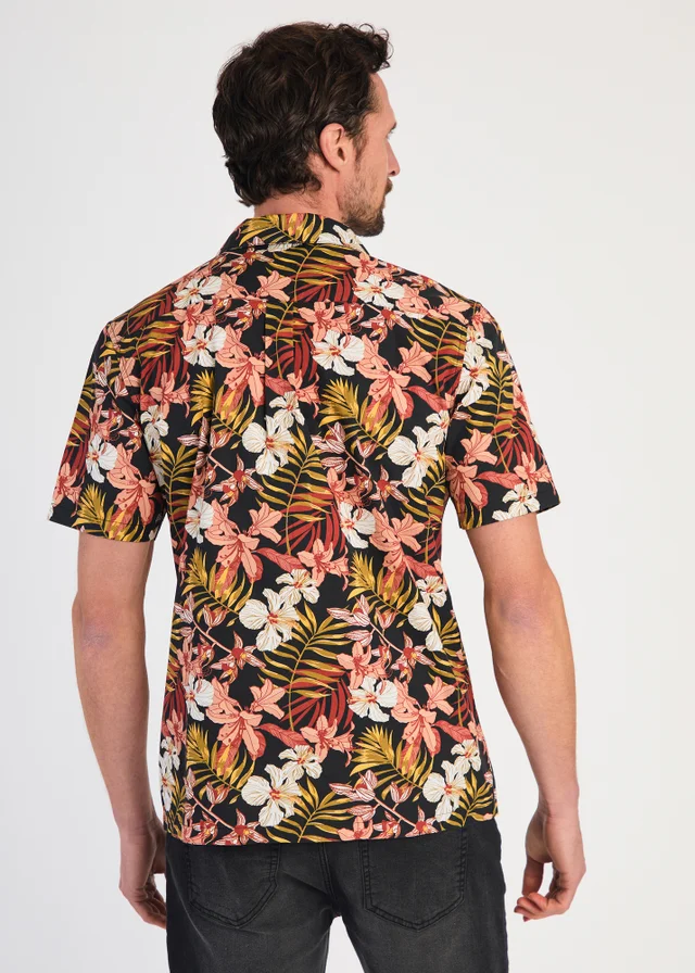 Tokyo Laundry Black Cotton Printed Poplin Short Sleeve Shirt