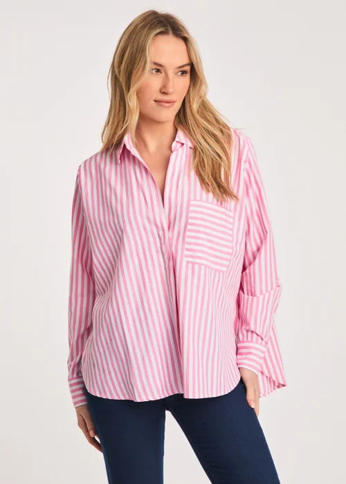 French Connection Pink Relaxed-Fit Striped Popover High-Low Hem Shirt - 8 Image 1