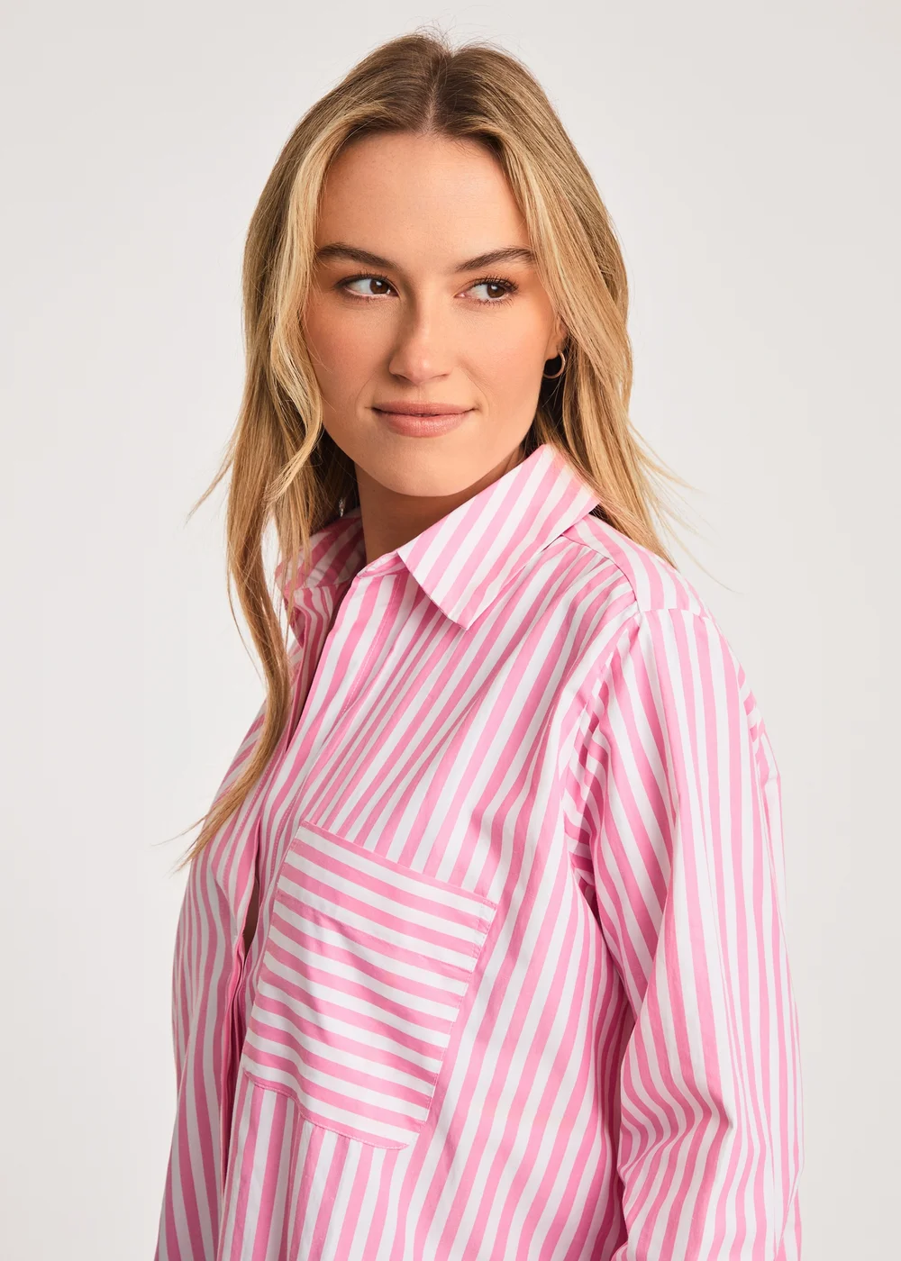 French Connection Pink Relaxed-Fit Striped Popover High-Low Hem Shirt - 8 Image 4