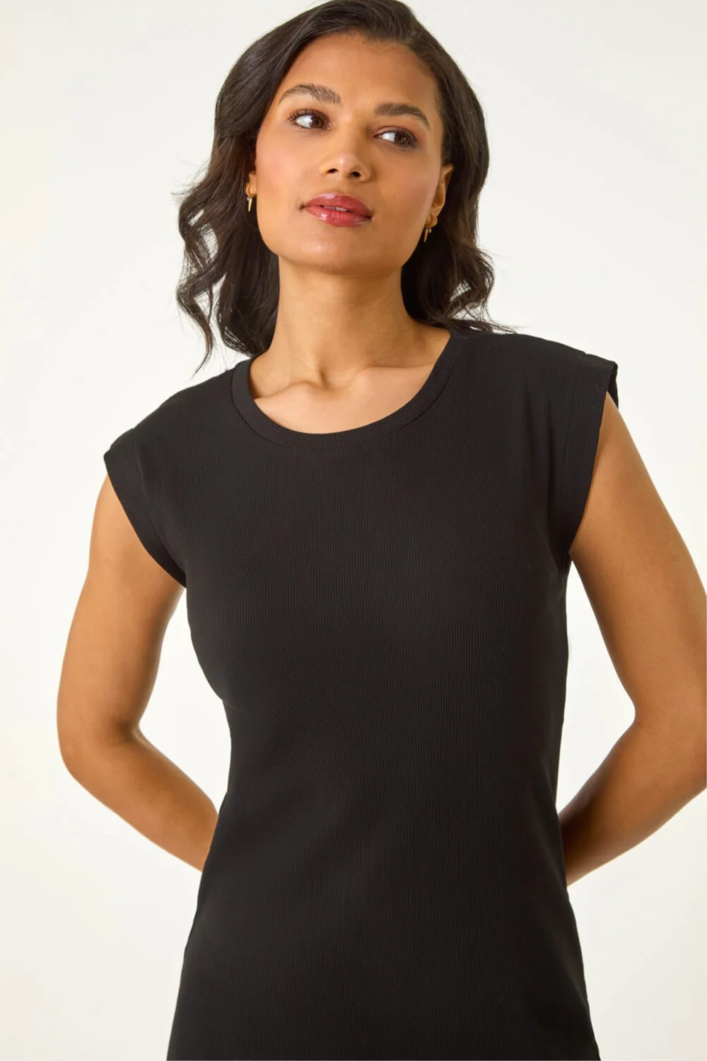 ribbed black extreme split cap sleeve midi dress Cap Sleeve Ribbed Waist Mock Neck Midi Sweater Dress