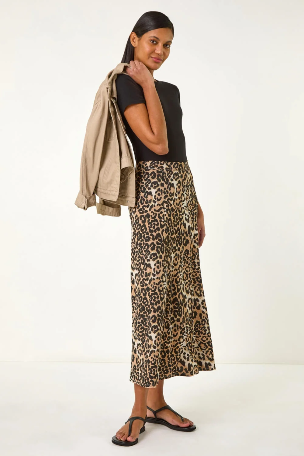 Roman Tan Leopard Print A Line Midi Skirt - Size 10 Image 3
